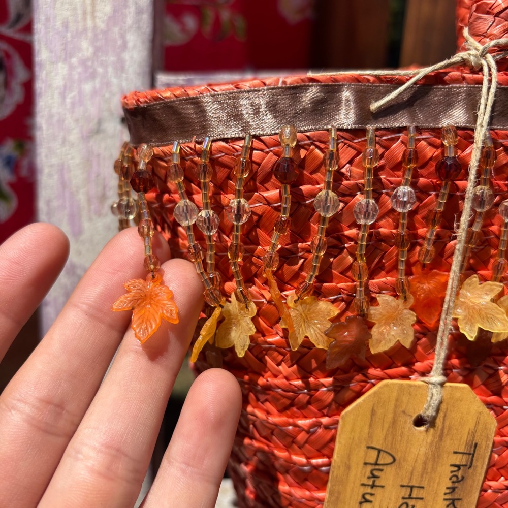 NWT Orange Straw Autumn Decorative Beaded Picnic Cottagecore Shoulder/Tote Bag - Picture 3 of 6